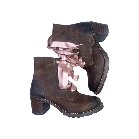 Frye Y2k Combat Lace-Up Boot, Sabrina 6G Brown w/ Pink Ribbon Laces Size 8 - Picture 2 of 16